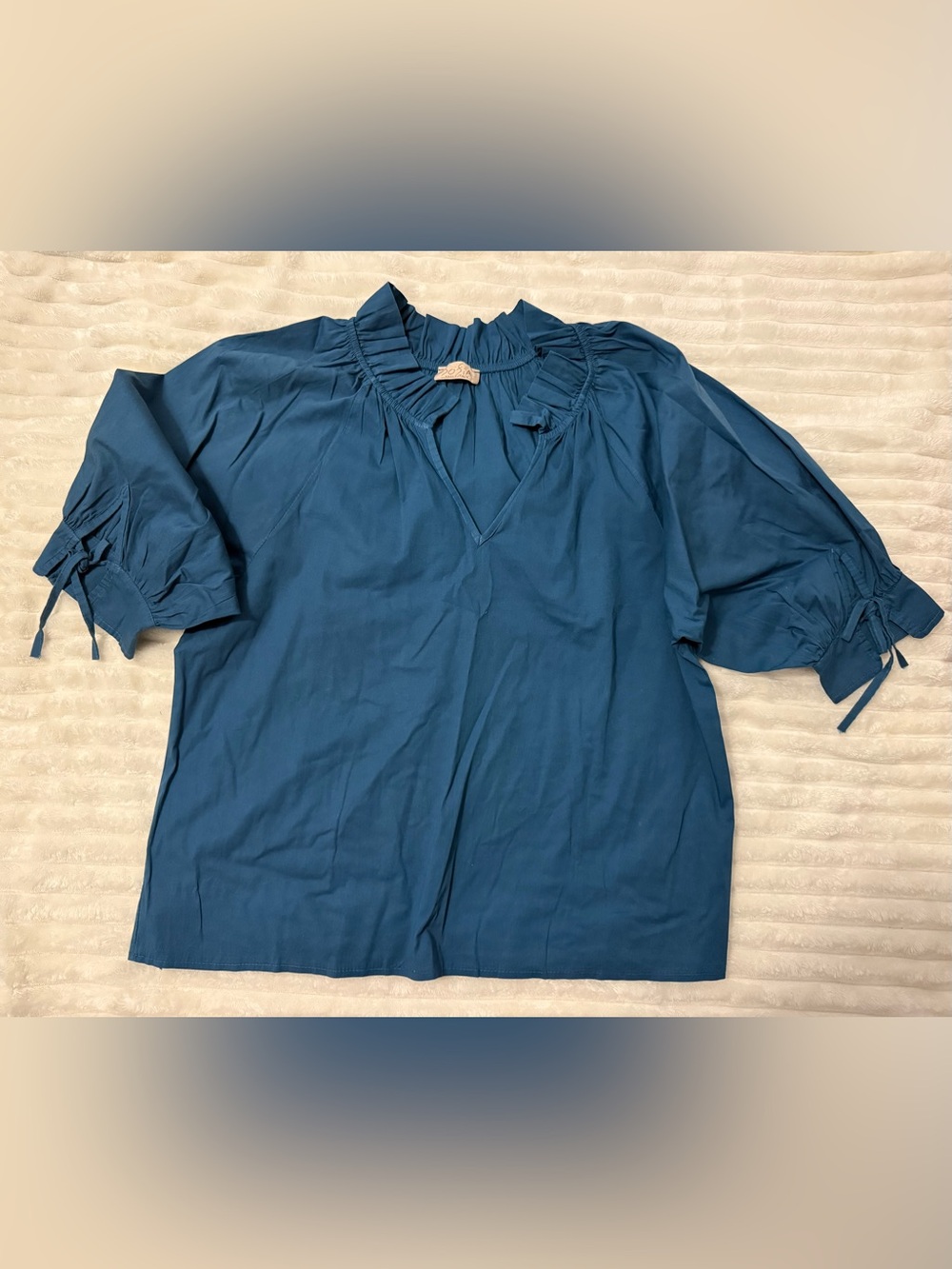 Sofia Teal V-Neck Ruffle Blouse with Tie Cuffs